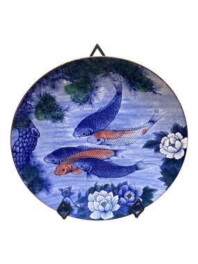 Vintage Toyo Japan Decorative Porcelain Plates Set Koi Fish & Moon Garden 12”
